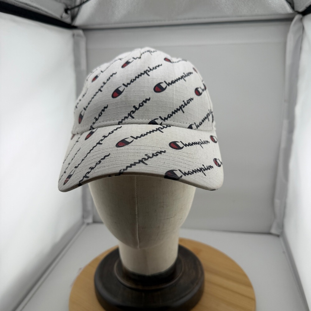 Champion Authentic All Over Logo Print White Strapback Hat Y2K Streetwear